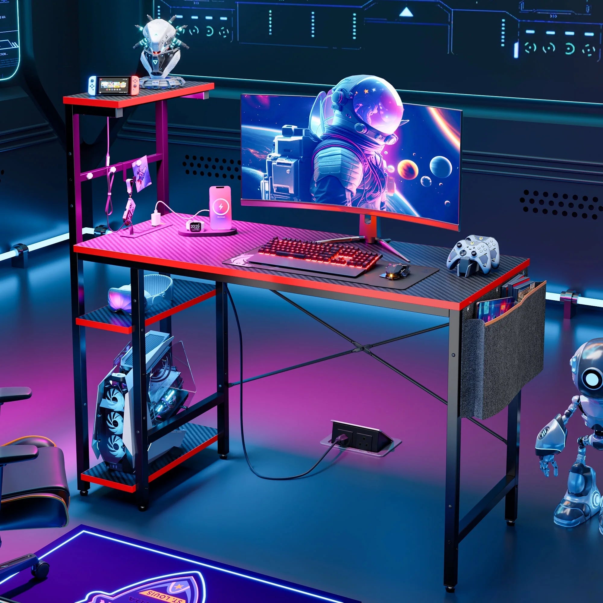 44 Inch LED Gaming Desk with Outlets & USB Ports Computer Desk with Storage Shelves in Black Carbon Fiber