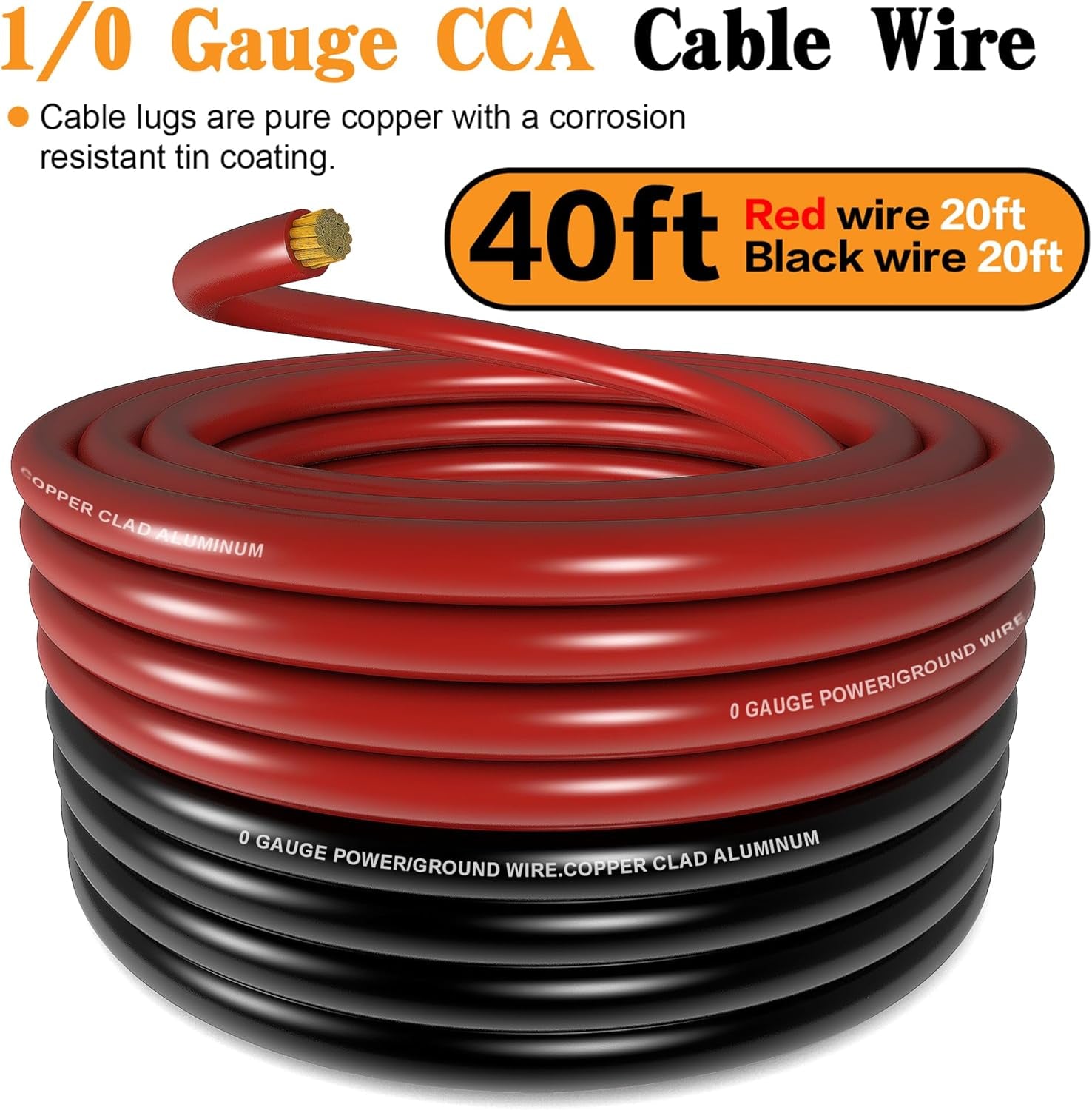 1/0 AWG Battery Cable 0 Gauge Wire Copper Clad Aluminum CCA Amp Wiring Kit 40FT