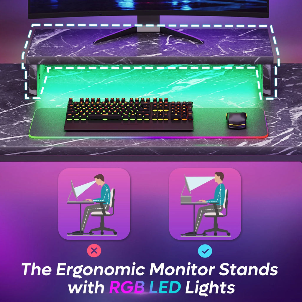 42" LED Gaming Desk PC Computer Office Gamer Table Desk with Monitor Stand in Black Marble