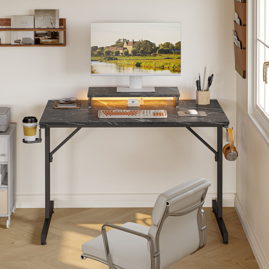 42" LED Gaming Desk PC Computer Office Gamer Table Desk with Monitor Stand in Black Marble