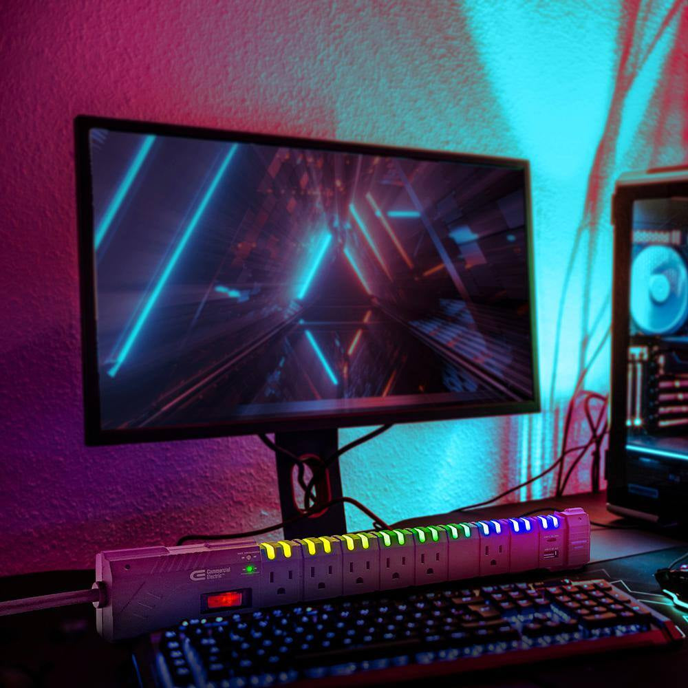 6 Ft. 6-Outlet RGB Gaming Surge Protector with 1 USB-A and 1 USB-C, Black