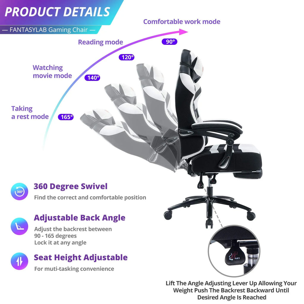 Big and Tall Gaming Chair with Footrest 401Lbs Massage Gamer Chair with Memory Foam Adjustable Tilt Back Angle & Armrest, High Back Leather Computer Office Chair